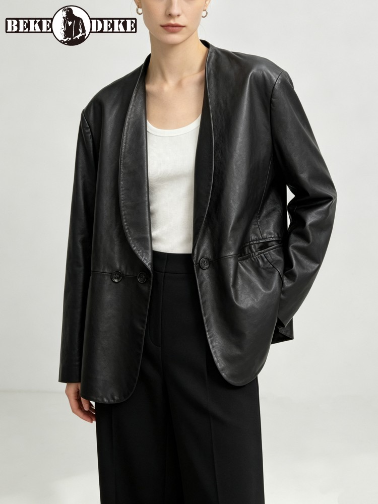 Leather Work Jacket Women'S - Blazer en cuir véritable pour femme,