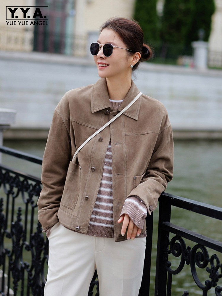 Leather Work Jacket Women'S - Veste en cuir véritable suédé ajustée