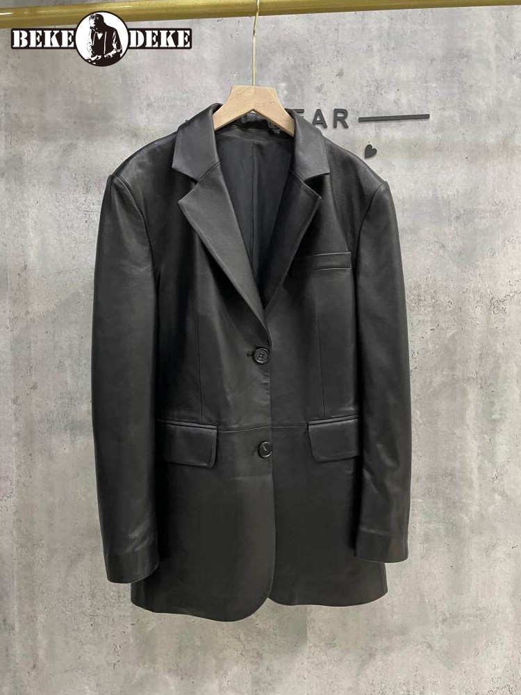 Leather Work Jacket Women'S - Blazer décontracté en cuir véritable de