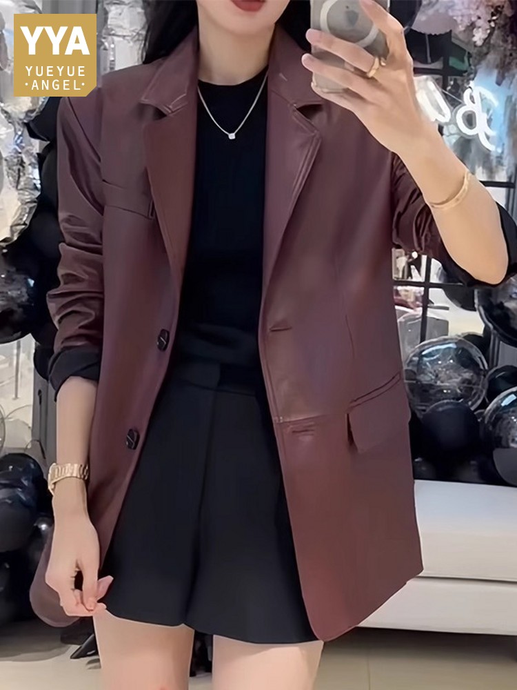 Leather Work Jacket Women'S - Automne bureau dames travail mi-long en