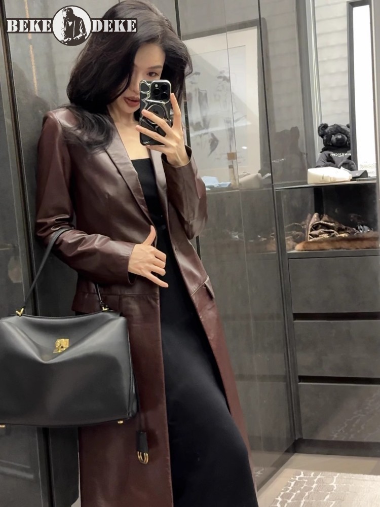 Leather Work Jacket Women'S - Veste longue en cuir véritable pour