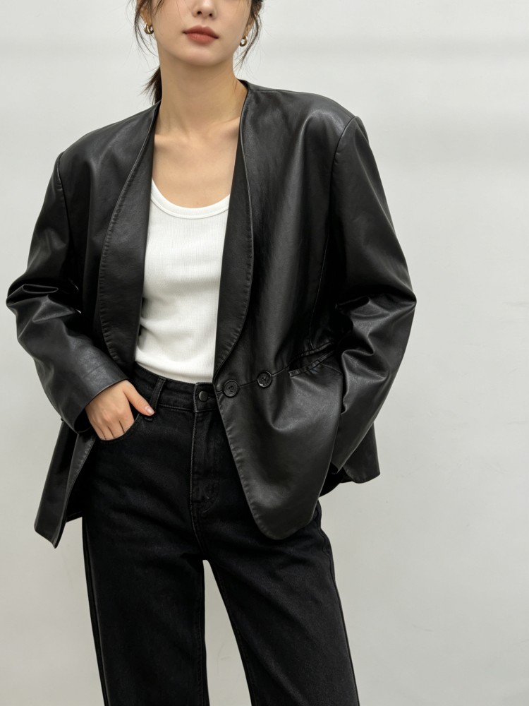 Blazer en cuir véritable pour  - Leather Work Jacket Women'S avis et prix