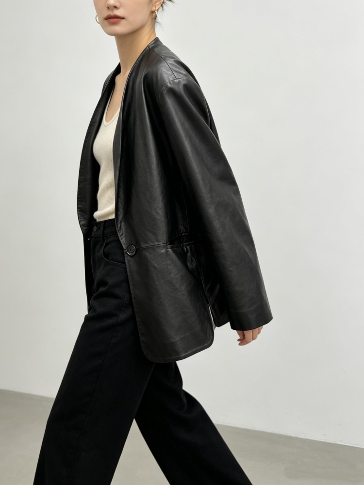 Blazer en cuir véritable pour  - Leather Work Jacket Women'S avis et prix